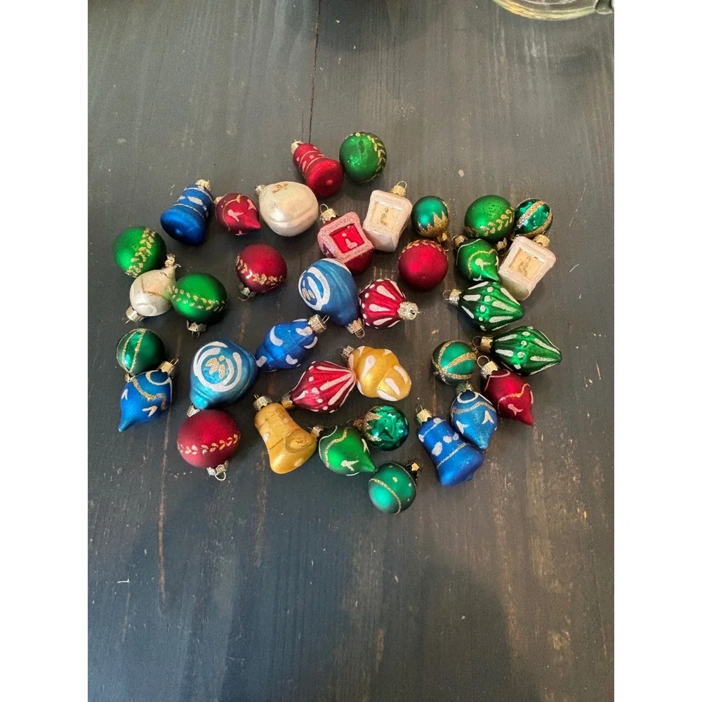 Vintage Miniature Glass Christmas Ornaments Lot 30pc Mixed Shapes Glitter MCM